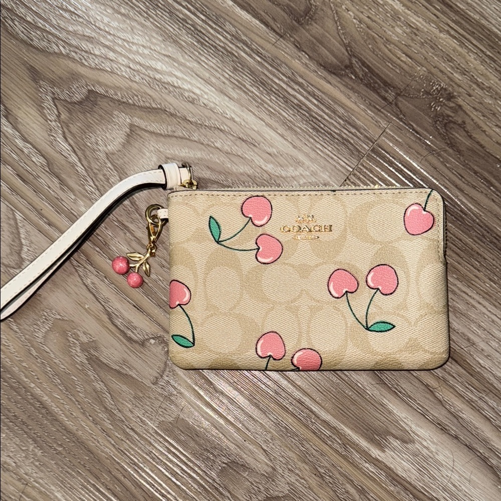 Coach Tan Cherry Print Wristlet